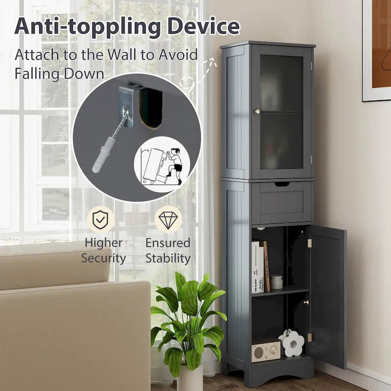 Costway Bathroom Tall Cabinet Freestanding Linen Tower with Doors & - See Details