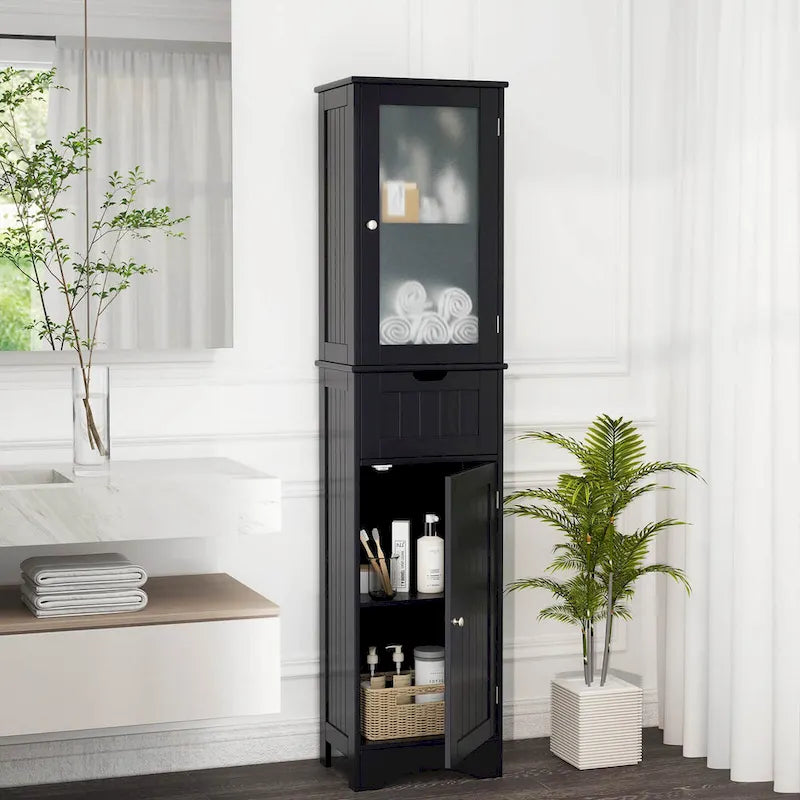 Costway Bathroom Tall Cabinet Freestanding Linen Tower with Doors & - See Details