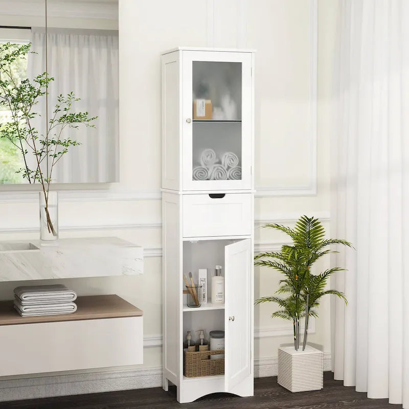 Costway Bathroom Tall Cabinet Freestanding Linen Tower with Doors & - See Details