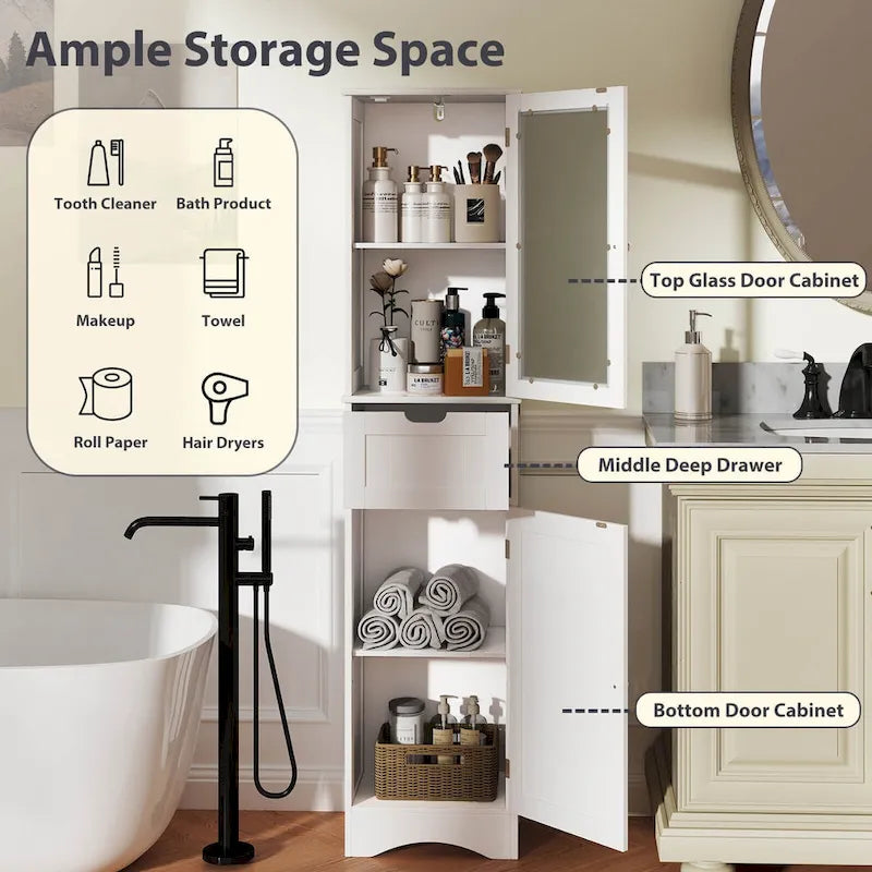 Costway Bathroom Tall Cabinet Freestanding Linen Tower with Doors & - See Details