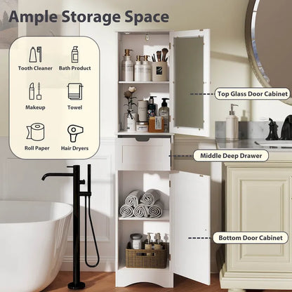 Costway Bathroom Tall Cabinet Freestanding Linen Tower with Doors & - See Details