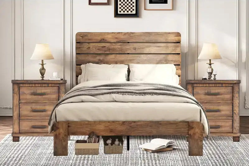 3-Pieces Bedroom Sets Wood Platform Bed Frame and Headboard,Solid Wood Nightstands Set of 2 with Three Drawer