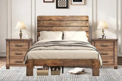 3-Pieces Bedroom Sets Wood Platform Bed Frame and Headboard,Solid Wood Nightstands Set of 2 with Three Drawer