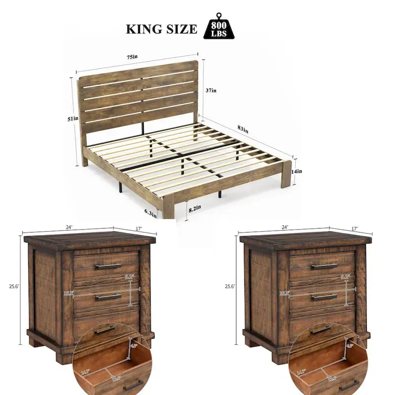 3-Pieces Bedroom Sets Wood Platform Bed Frame and Headboard,Solid Wood Nightstands Set of 2 with Three Drawer