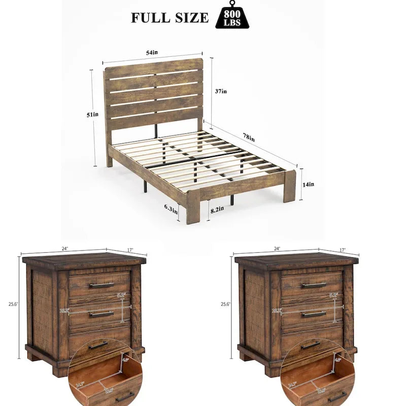 3-Pieces Bedroom Sets Wood Platform Bed Frame and Headboard,Solid Wood Nightstands Set of 2 with Three Drawer