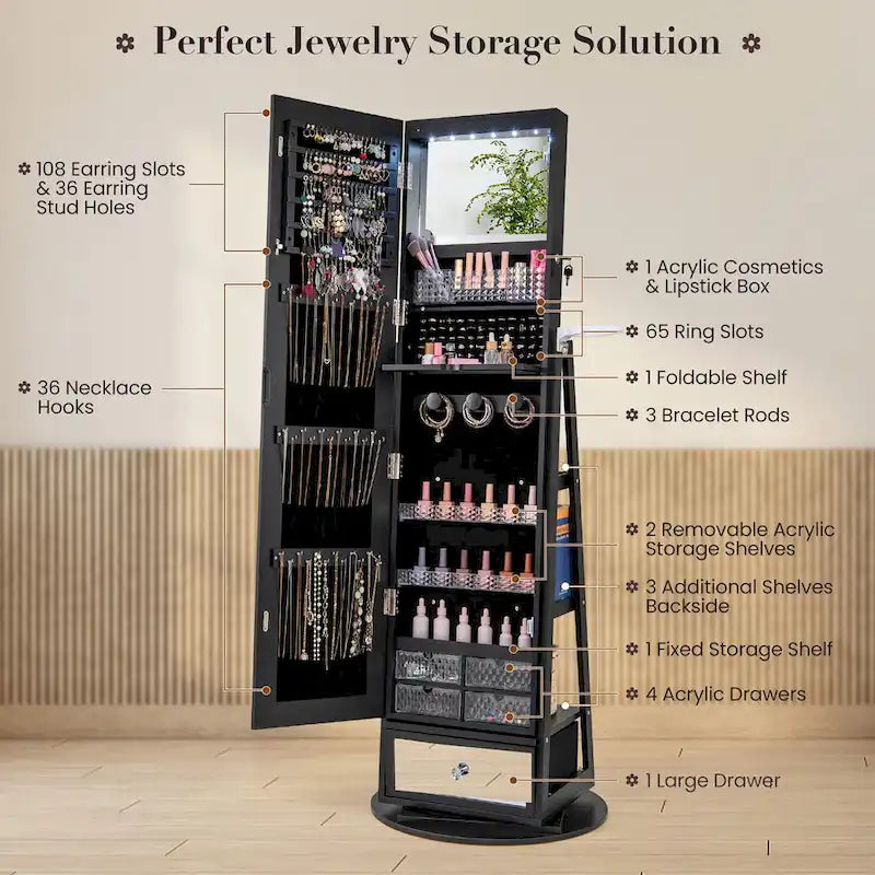 Gymax Swivel Jewelry Cabinet w/ Mirror Jewelry Storage Organizer