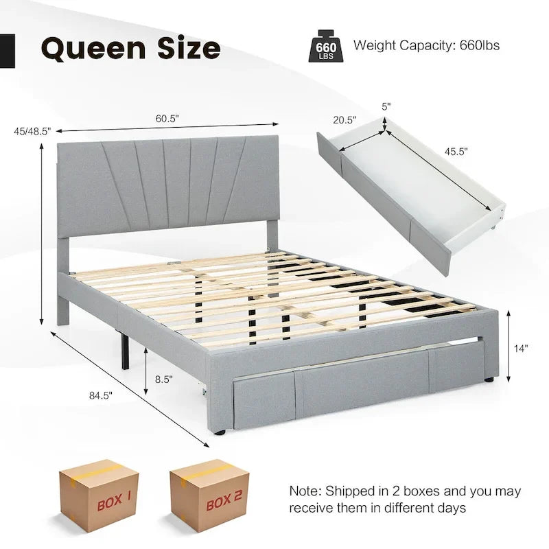 Gymax Full/Queen Upholstered Bed Frame Platform Bed with Drawer &