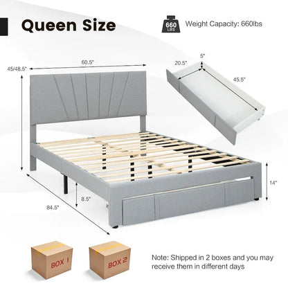 Gymax Full/Queen Upholstered Bed Frame Platform Bed with Drawer &