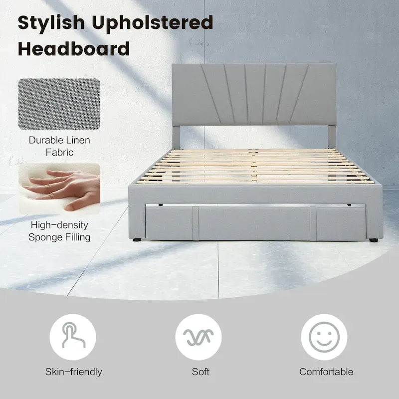 Gymax Full/Queen Upholstered Bed Frame Platform Bed with Drawer &