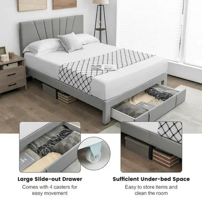 Gymax Full/Queen Upholstered Bed Frame Platform Bed with Drawer &