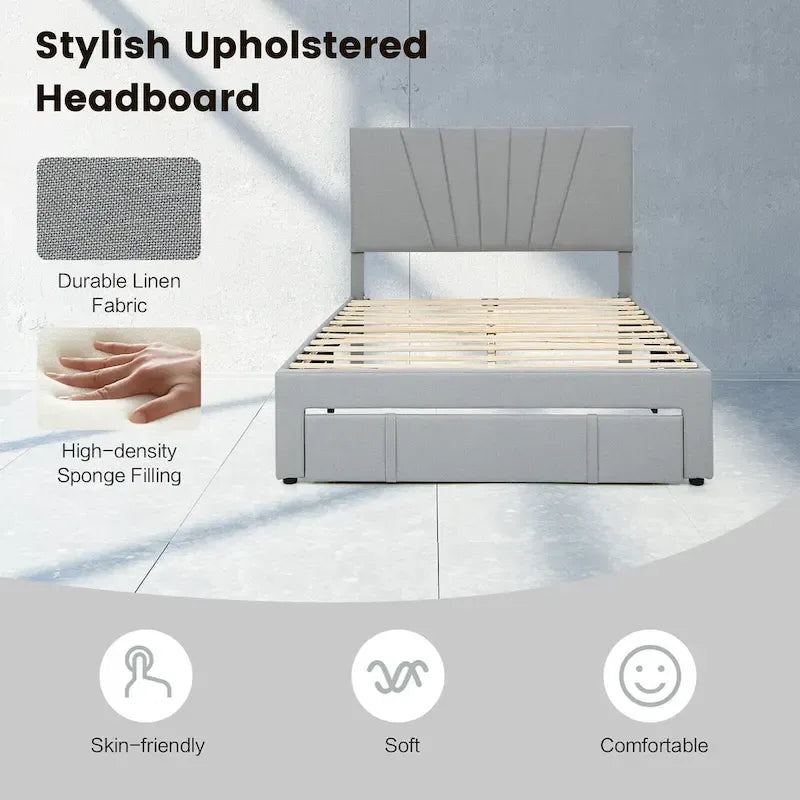 Gymax Full/Queen Upholstered Bed Frame Platform Bed with Drawer &