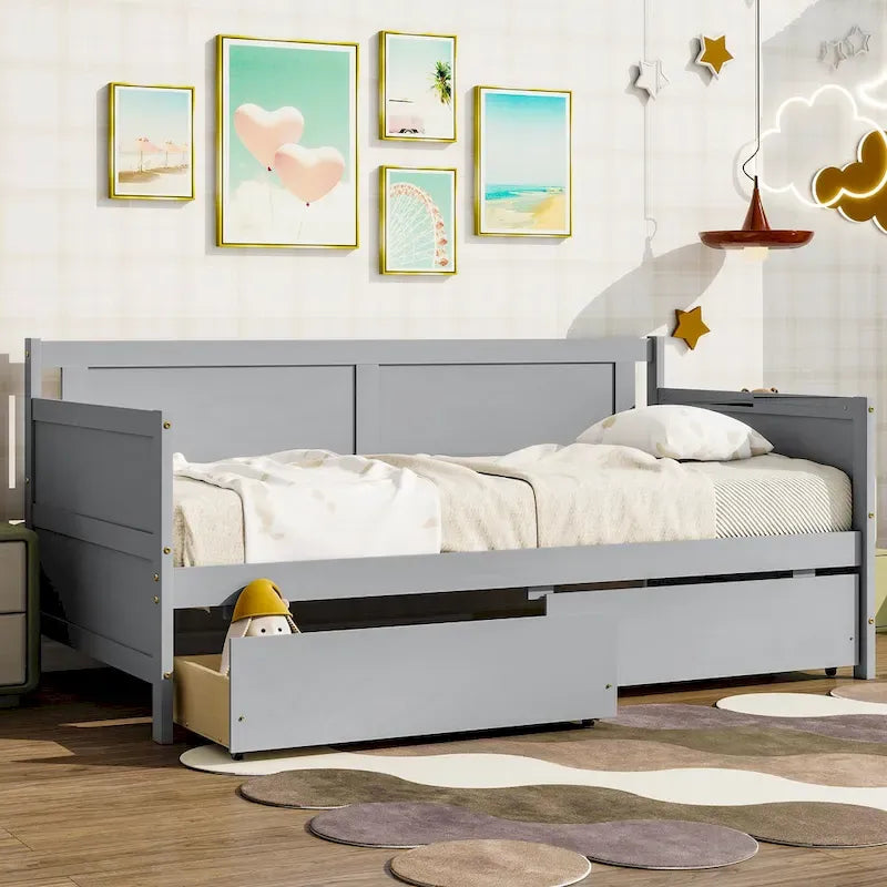 Twin Size Daybed Pine Wood Sofa Bed Frame with 2 Storage Drawers