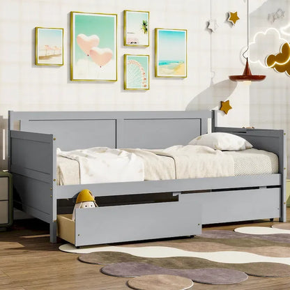 Twin Size Daybed Pine Wood Sofa Bed Frame with 2 Storage Drawers