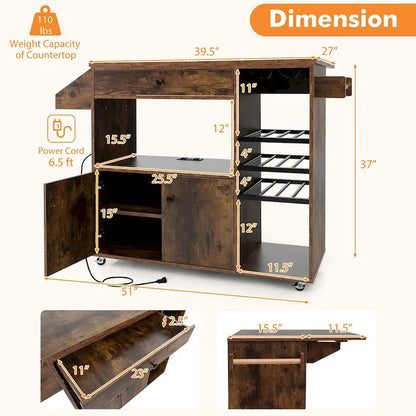Gymax Kitchen Island Cart w/ Drop-Leaf & Power Outlet Microwave Shelf