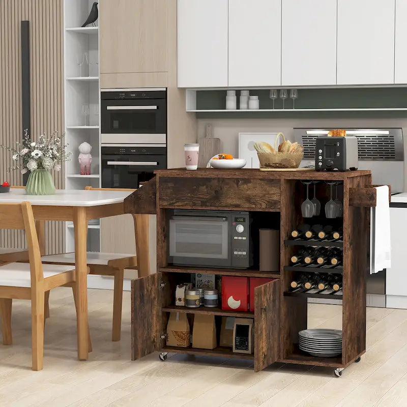 Gymax Kitchen Island Cart w/ Drop-Leaf & Power Outlet Microwave Shelf