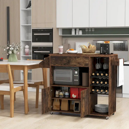 Gymax Kitchen Island Cart w/ Drop-Leaf & Power Outlet Microwave Shelf