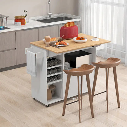 Gymax Kitchen Island Cart w/ Drop-Leaf & Power Outlet Microwave Shelf