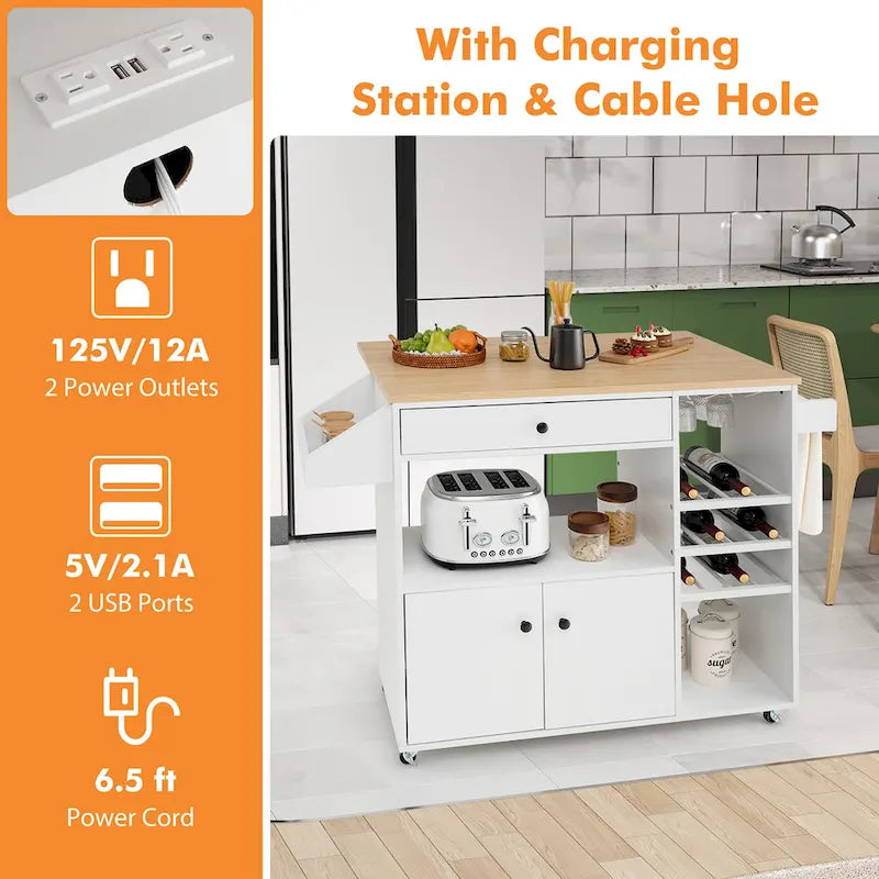 Gymax Kitchen Island Cart w/ Drop-Leaf & Power Outlet Microwave Shelf