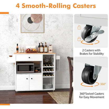 Gymax Kitchen Island Cart w/ Drop-Leaf & Power Outlet Microwave Shelf