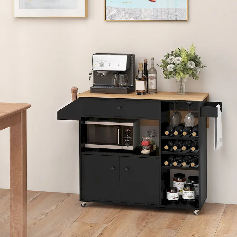 Gymax Kitchen Island Cart w/ Drop-Leaf & Power Outlet Microwave Shelf