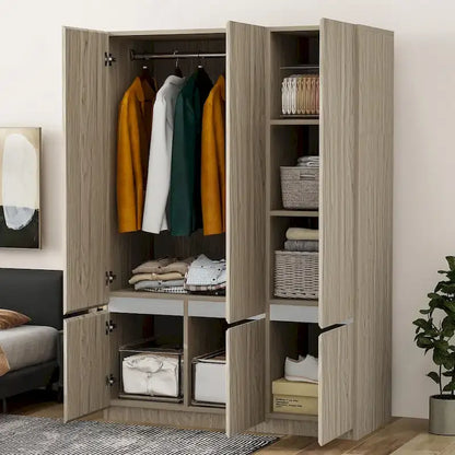 Freestanding Armoire Wardrobe Bedroom Clothing Storage Cabinet with Clothes Rail 6-Door Wooden Wardrobe Closet
