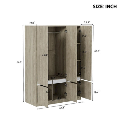 Freestanding Armoire Wardrobe Bedroom Clothing Storage Cabinet with Clothes Rail 6-Door Wooden Wardrobe Closet