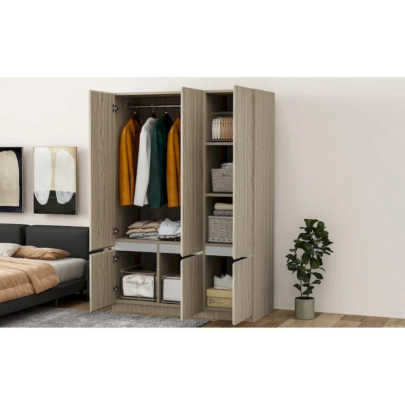 Freestanding Armoire Wardrobe Bedroom Clothing Storage Cabinet with Clothes Rail 6-Door Wooden Wardrobe Closet