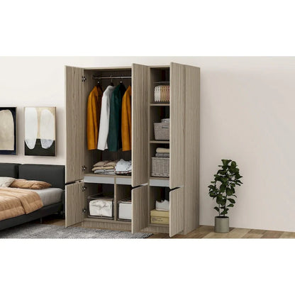 Freestanding Armoire Wardrobe Bedroom Clothing Storage Cabinet with Clothes Rail 6-Door Wooden Wardrobe Closet