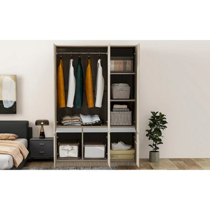 Freestanding Armoire Wardrobe Bedroom Clothing Storage Cabinet with Clothes Rail 6-Door Wooden Wardrobe Closet