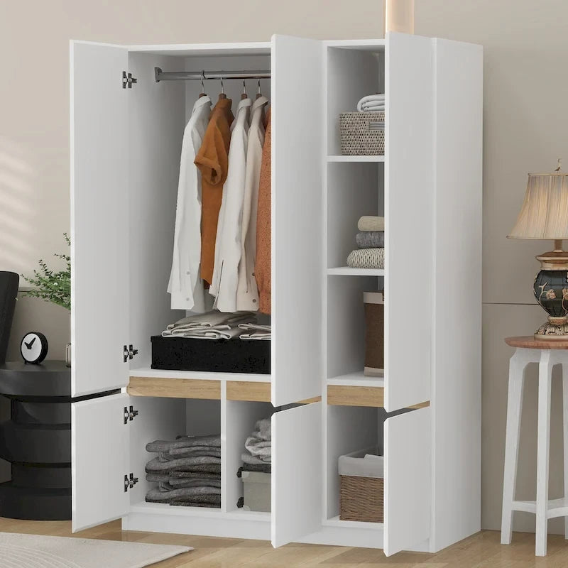 Freestanding Armoire Wardrobe Bedroom Clothing Storage Cabinet with Clothes Rail 6-Door Wooden Wardrobe Closet