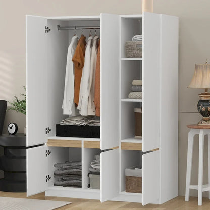 Freestanding Armoire Wardrobe Bedroom Clothing Storage Cabinet with Clothes Rail 6-Door Wooden Wardrobe Closet