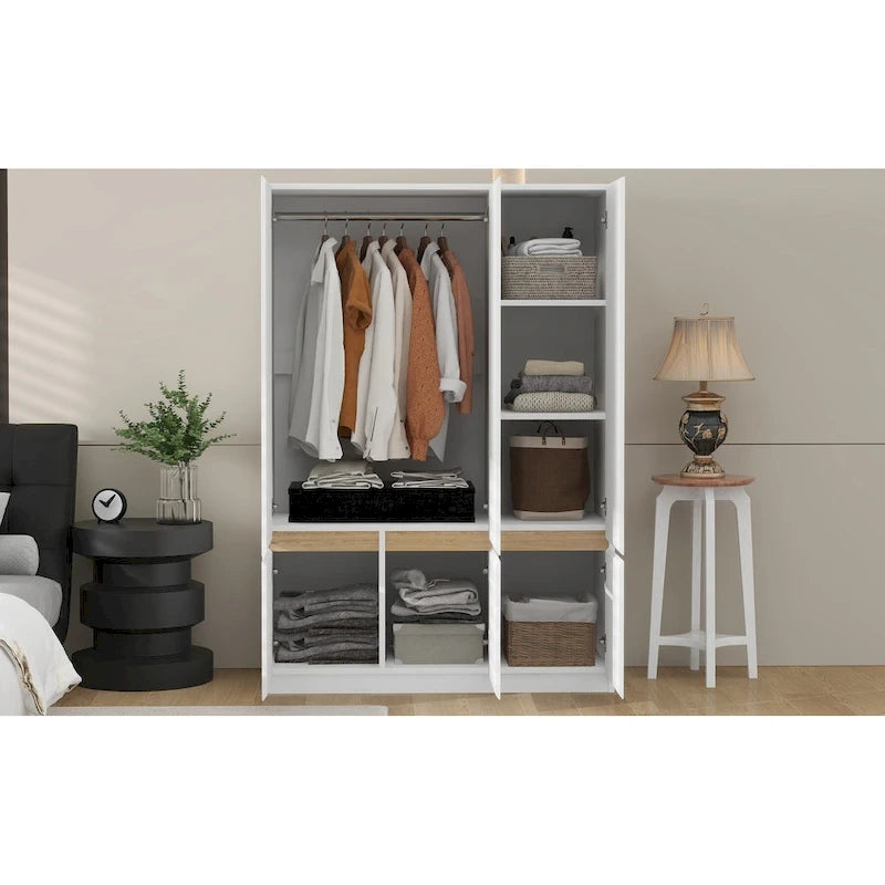 Freestanding Armoire Wardrobe Bedroom Clothing Storage Cabinet with Clothes Rail 6-Door Wooden Wardrobe Closet