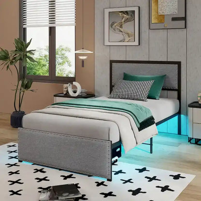 Gymax Twin Size Bed Frame w/ Storage Drawer Metal Platform Bed w/ LED