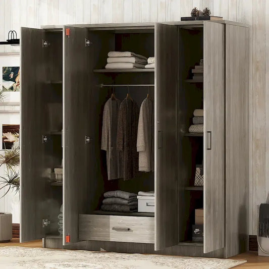 4-Door Wardrobe, Wood Free-Standing Cabinet Closet with Shelves and Drawer, Clothes Organizer for Bedroom Entryway - N/A