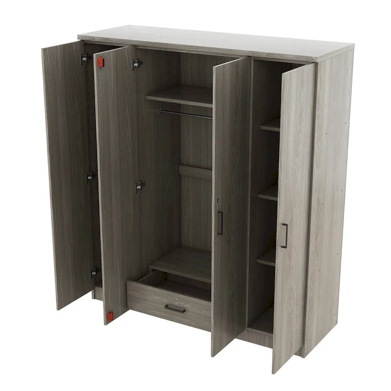 4-Door Wardrobe, Wood Free-Standing Cabinet Closet with Shelves and Drawer, Clothes Organizer for Bedroom Entryway - N/A