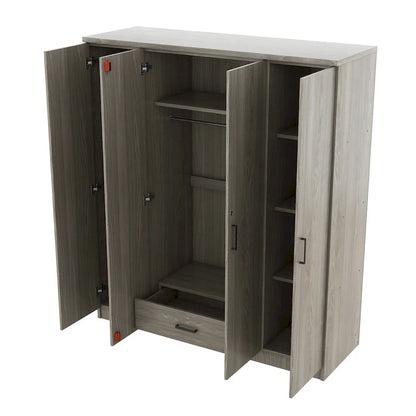 4-Door Wardrobe, Wood Free-Standing Cabinet Closet with Shelves and Drawer, Clothes Organizer for Bedroom Entryway - N/A