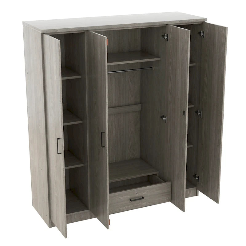 4-Door Wardrobe, Wood Free-Standing Cabinet Closet with Shelves and Drawer, Clothes Organizer for Bedroom Entryway - N/A