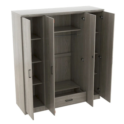 4-Door Wardrobe, Wood Free-Standing Cabinet Closet with Shelves and Drawer, Clothes Organizer for Bedroom Entryway - N/A