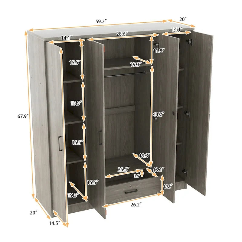 4-Door Wardrobe, Wood Free-Standing Cabinet Closet with Shelves and Drawer, Clothes Organizer for Bedroom Entryway - N/A