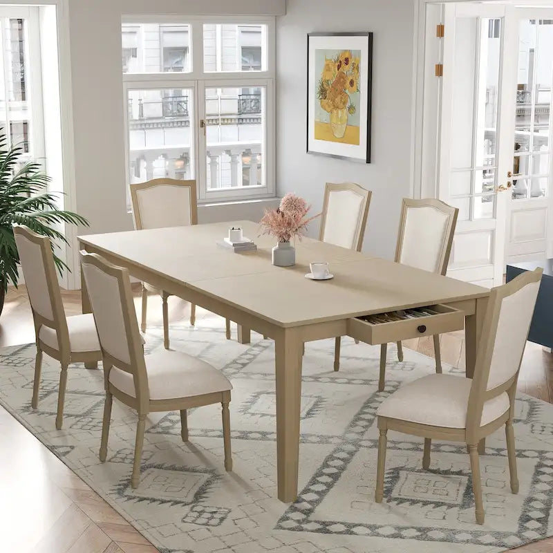 7 Pcs Dining Table Set, Solid Wood Table and Chairs Set with Extendable Dining Table, 2 Drawers and 6 Upholstered Chairs