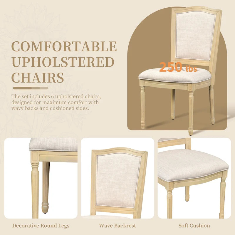 7 Pcs Dining Table Set, Solid Wood Table and Chairs Set with Extendable Dining Table, 2 Drawers and 6 Upholstered Chairs