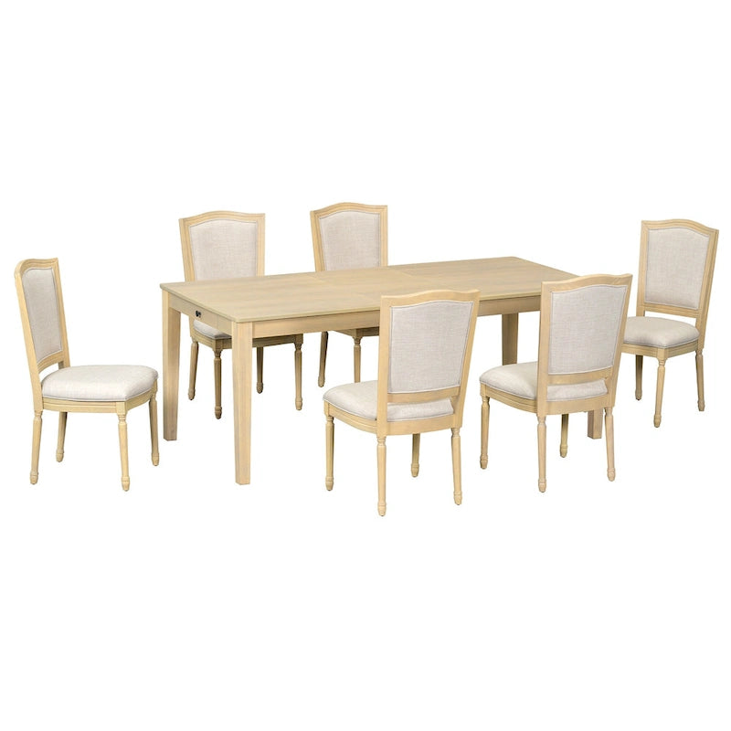 7 Pcs Dining Table Set, Solid Wood Table and Chairs Set with Extendable Dining Table, 2 Drawers and 6 Upholstered Chairs