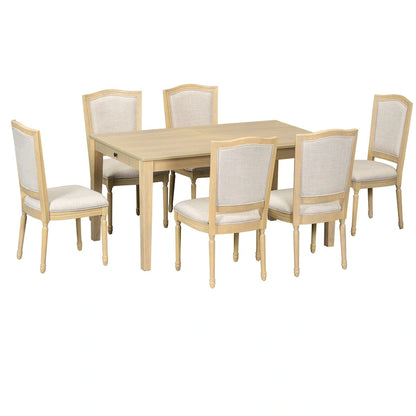 7 Pcs Dining Table Set, Solid Wood Table and Chairs Set with Extendable Dining Table, 2 Drawers and 6 Upholstered Chairs