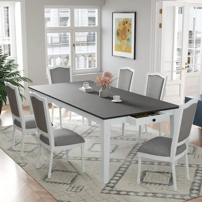 7 Pcs Dining Table Set, Solid Wood Table and Chairs Set with Extendable Dining Table, 2 Drawers and 6 Upholstered Chairs