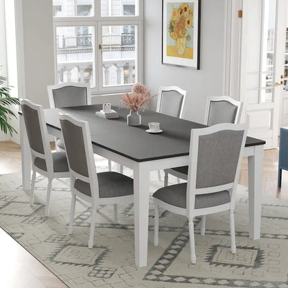 7 Pcs Dining Table Set, Solid Wood Table and Chairs Set with Extendable Dining Table, 2 Drawers and 6 Upholstered Chairs