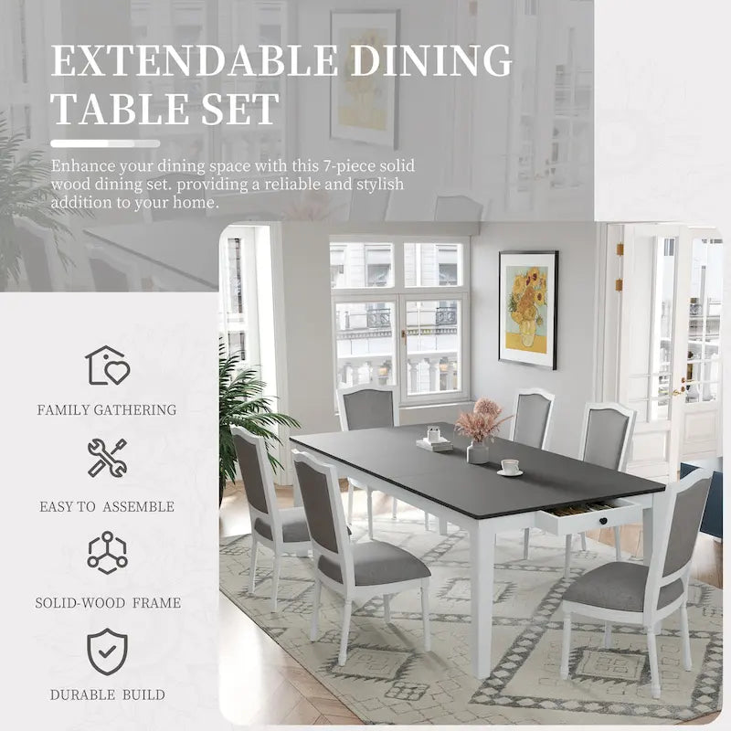 7 Pcs Dining Table Set, Solid Wood Table and Chairs Set with Extendable Dining Table, 2 Drawers and 6 Upholstered Chairs