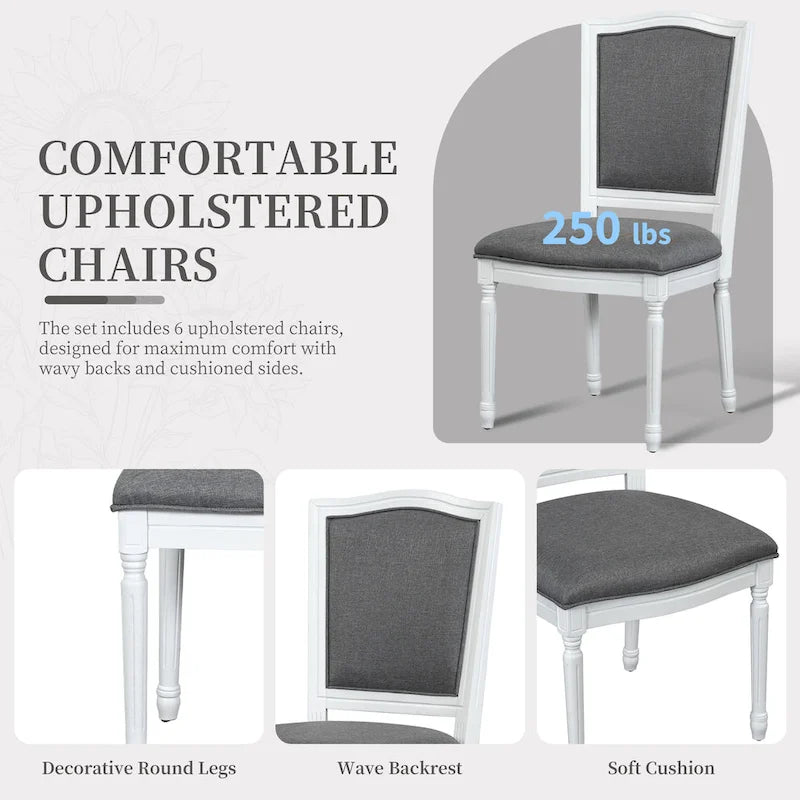 7 Pcs Dining Table Set, Solid Wood Table and Chairs Set with Extendable Dining Table, 2 Drawers and 6 Upholstered Chairs