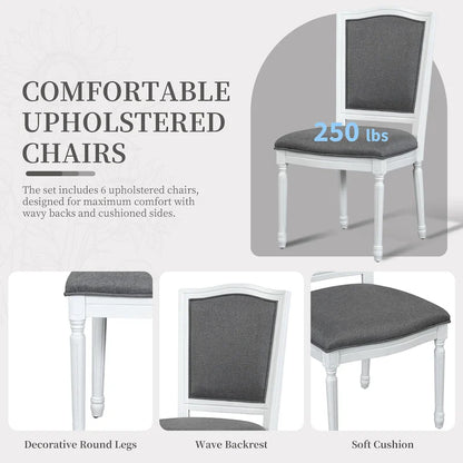 7 Pcs Dining Table Set, Solid Wood Table and Chairs Set with Extendable Dining Table, 2 Drawers and 6 Upholstered Chairs