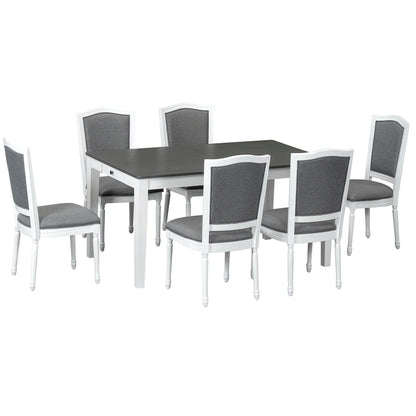 7 Pcs Dining Table Set, Solid Wood Table and Chairs Set with Extendable Dining Table, 2 Drawers and 6 Upholstered Chairs
