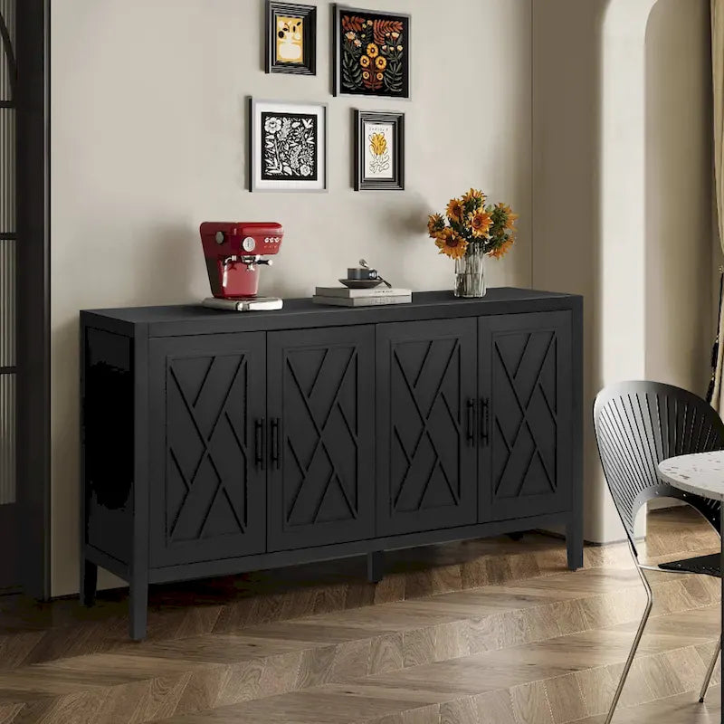 Wood Sideboard Cabinet with Pattern Door, Buffet Cabinet with Adjustable Shelves, Console Table with Solid Wood Legs